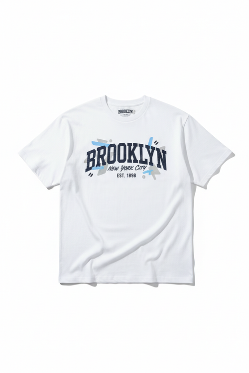 Plain white t-shirt with Brooklyn graphic print on the front